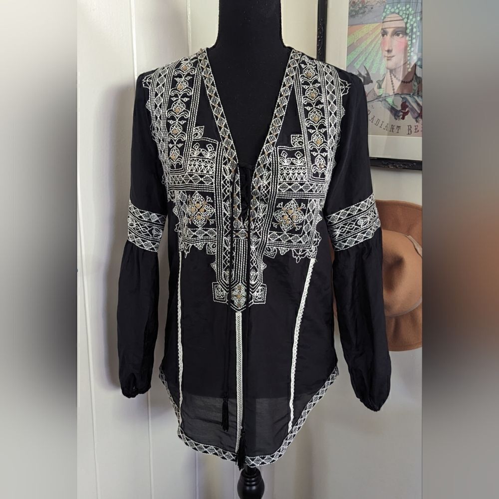 Hale Bob Silk Jeweled Embroidered Coastal Cowgirl Peasant Whimsigoth Top